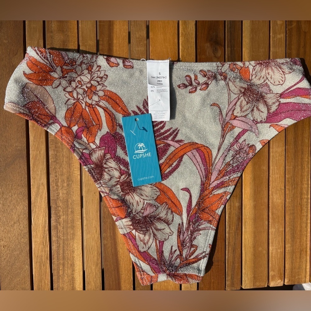 SMALL NWT Cupshe Floral Bird of Paradise glitter pink orange cream Bikini swim - Picture 6 of 7
